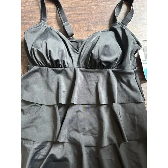 Swim Solutions Women's Sweetheart neck Swan Tiered-Ruffle Tankini Top Black 10 - Picture 4 of 6